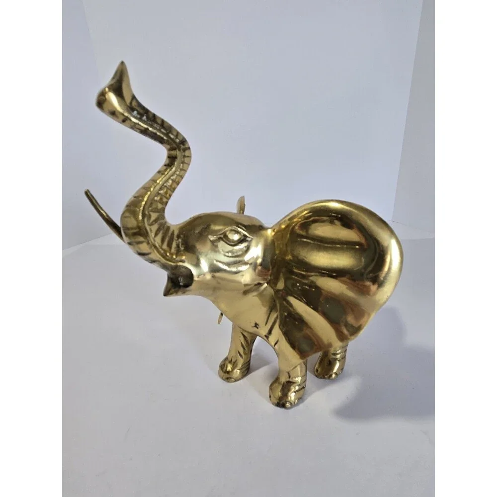 Vintage Solid Brass Elephant Figurine Raised Trunk India 9